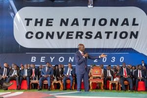 President of Kenya Dr. Wiliam Ruto addressing delegates during the official launch of The National Conversation: Beyond Vision 2030 at COMESA Grounds KICC.